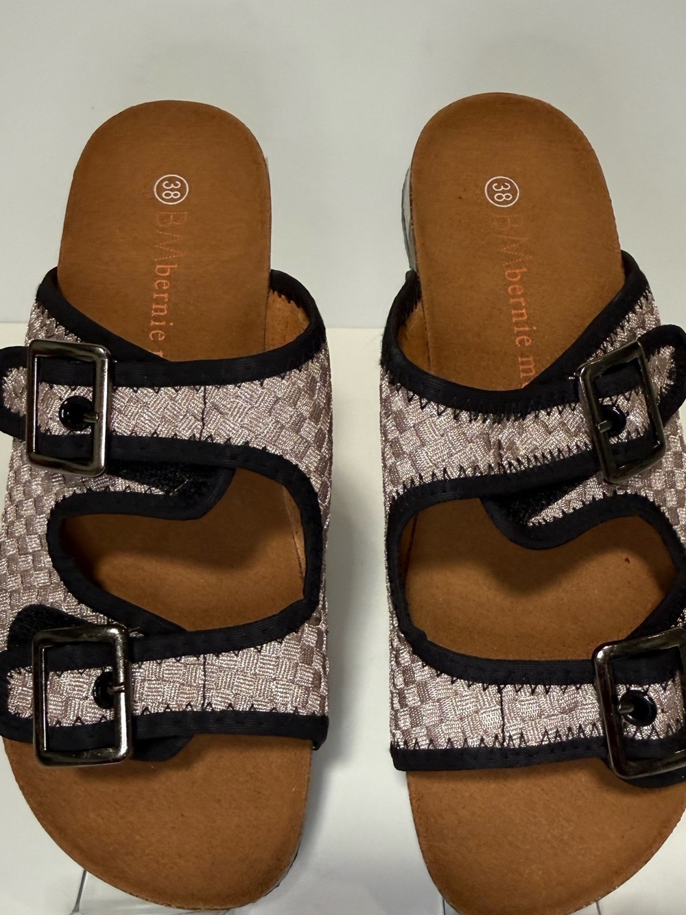bernie mev. Woven Double-Buckle Slide Sandals in Light Pink with Black Trim
